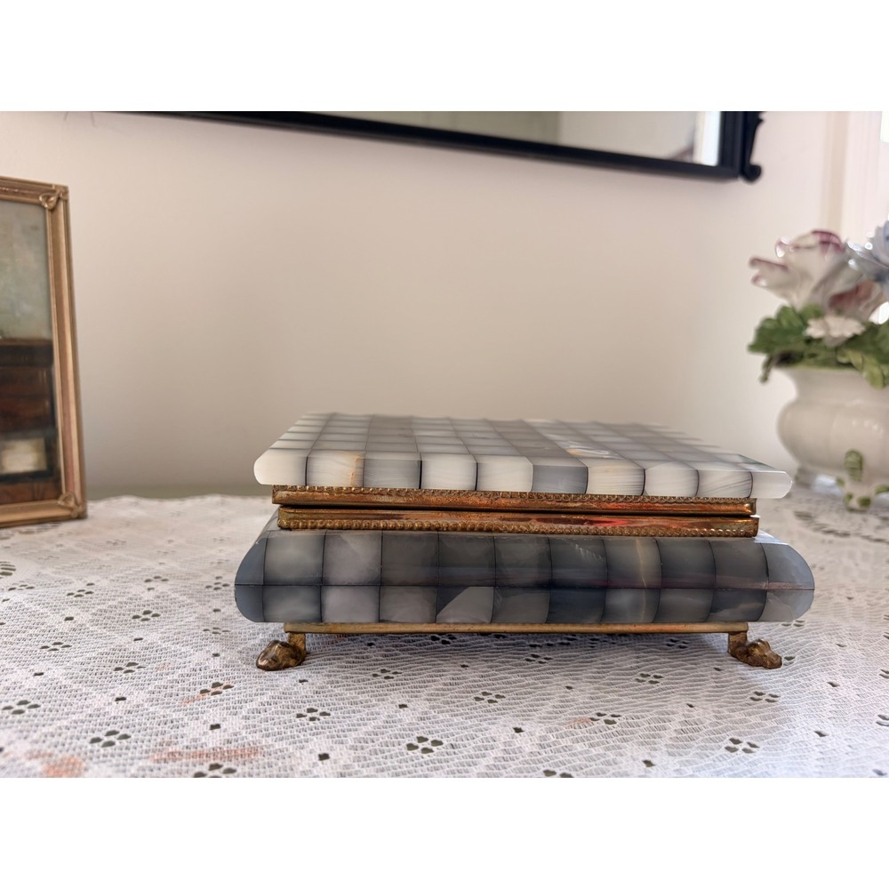 Vintage Marble Jewelry Box with Blue Velvet Interior | Brass Footed Keepsake Box